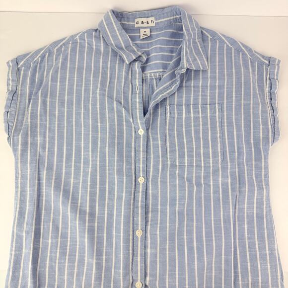 Da-sh XL Striped Blue White Cap Sleeve Button Up Women's Cotton Blouse Coastal - Picture 5 of 12